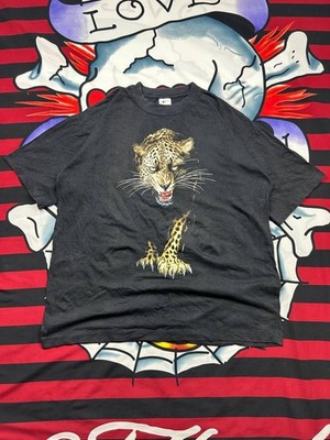 Vintage 90s 3D Leopard T Shirt Single Stitch Large 100% Cotton 1997 Black