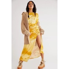 New Free People Alyssa Size S Stretch Wrap Golden Yellow Tie Dye Dress $128