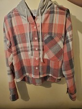 Blue Rain By Francescas Womens Medium Plaid Hooded Button Front Shirt Pink Gray