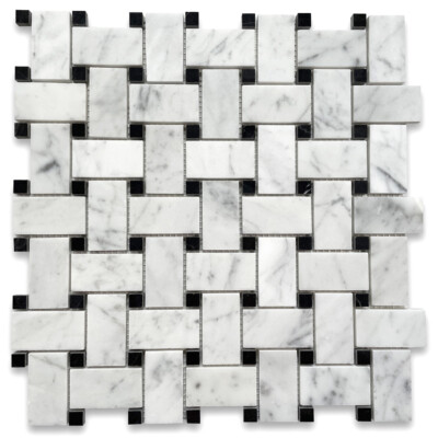 C651XP Carrara Marble Basketweave Mosaic Tile Carrera Black Dots Polished 1x2