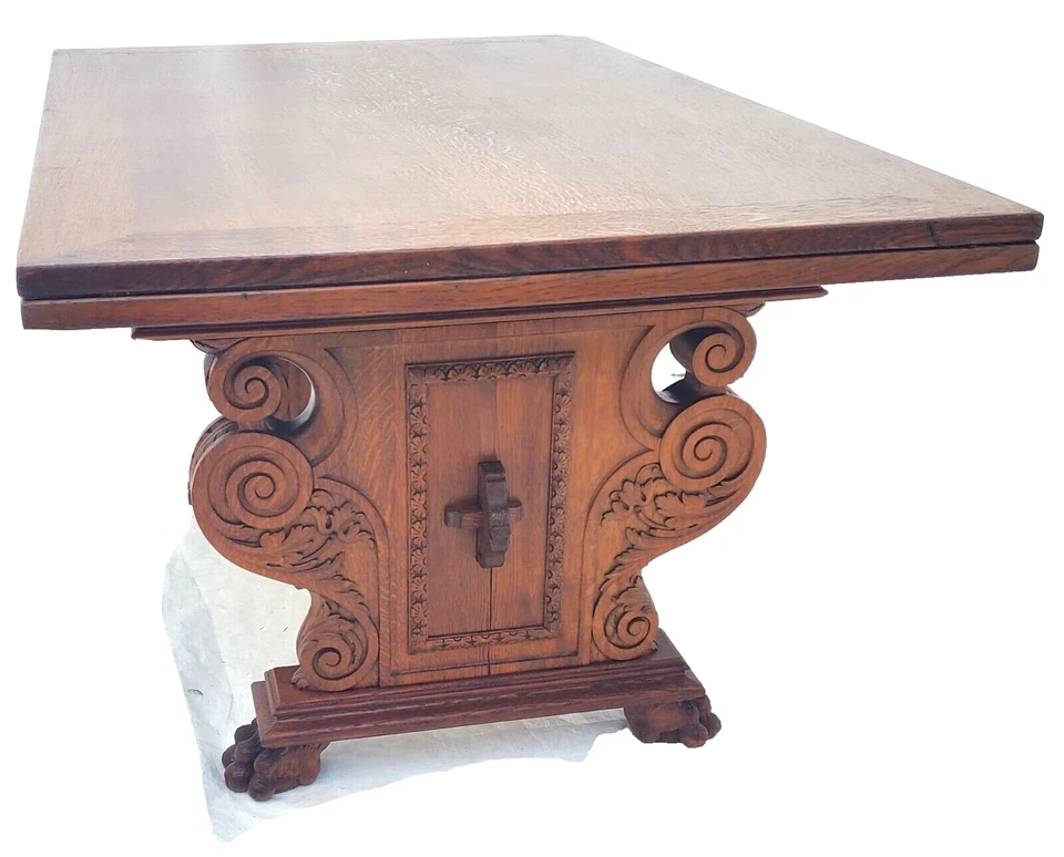 Mesa de comedor antigua de los años 30 de roble tallado ornamentado renacimiento dibujo hoja Foto 4 de 4