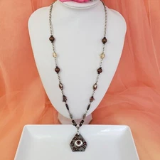 Evil Eye Leopard Jasper Stone Pendant Chain Necklace 28" Long Statement Necklace