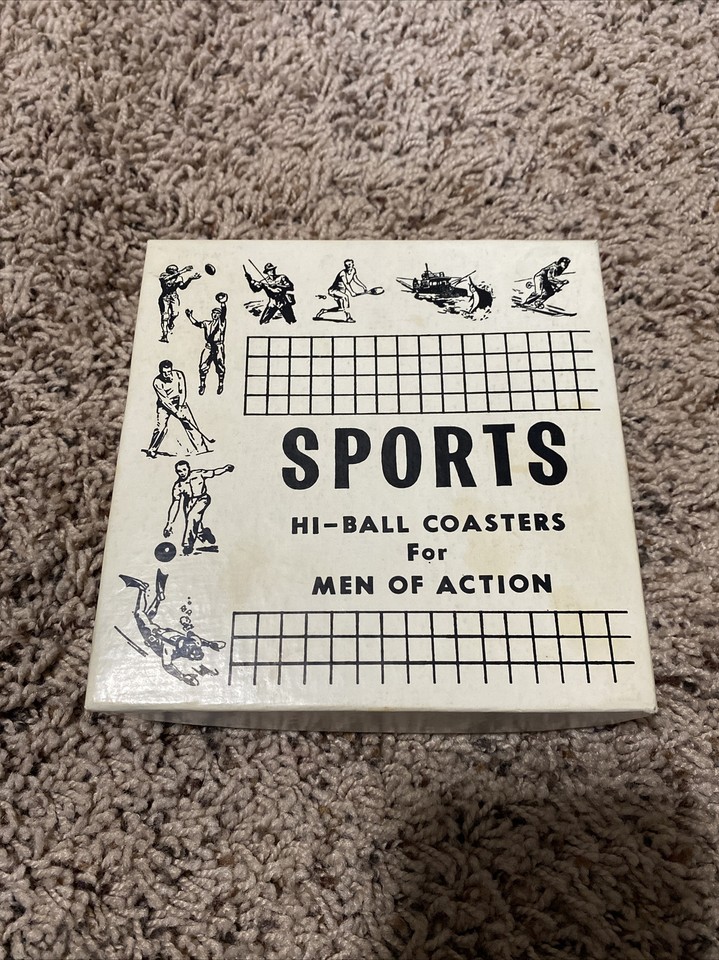 Vintage 'Men of Action' hi-ball coasters that double as a cheeky gag gift — retro kitsch with actual bar utility.