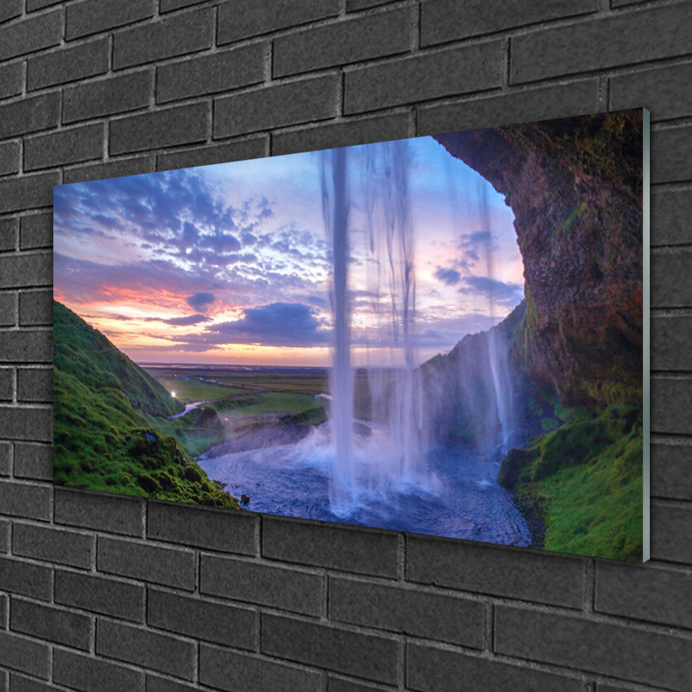 Tableau sur verre contre les murs vides paysage de cascade lumineux en format 100x50