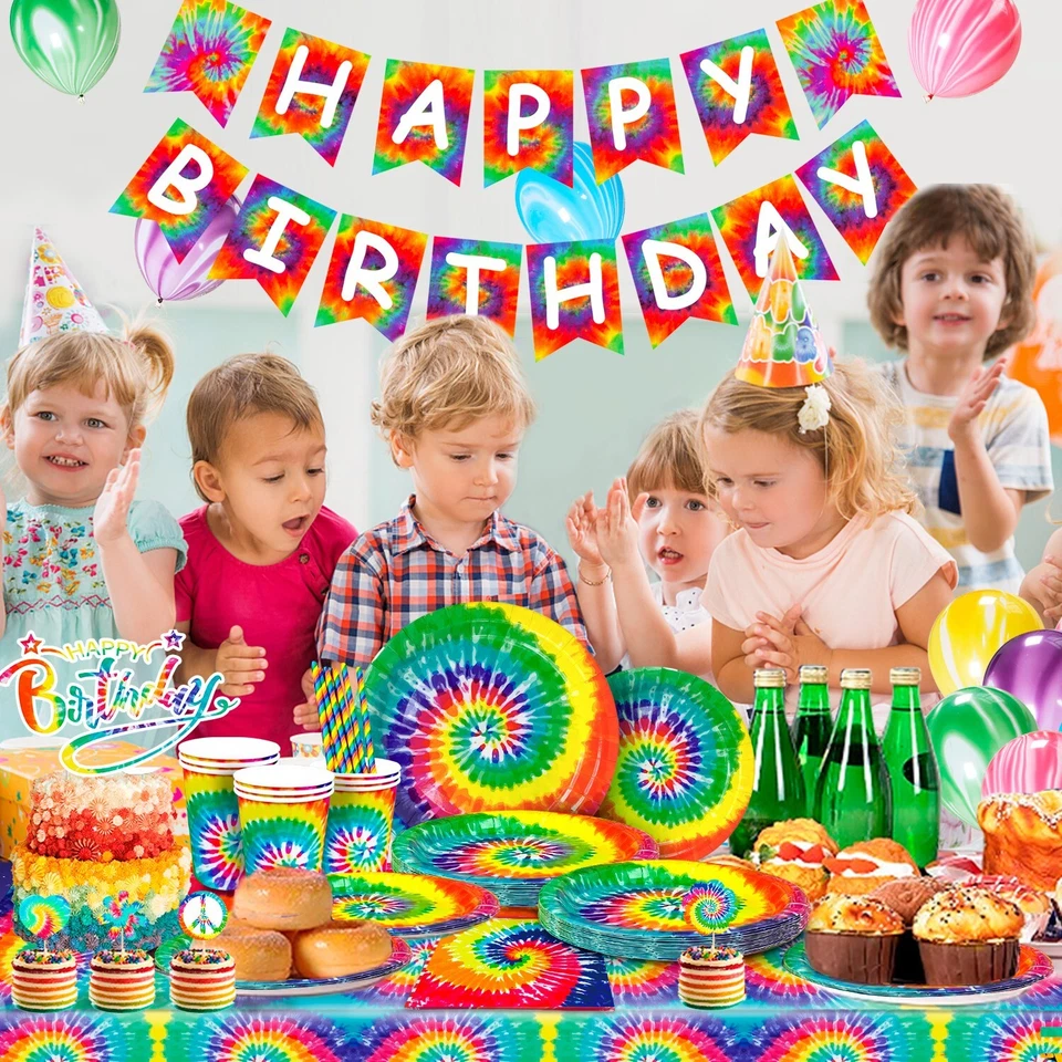 Tie Dye Cumpleaños Fiesta Decoración Arco Iris Fiesta Suministros Vajilla Globo Plato Foto 4 de 4