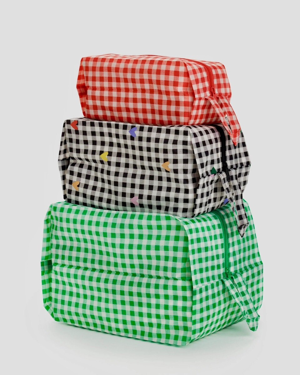 NEUF ! Baggu GO POUCH LOT DE 3 PIÈCES en vichy vert/noir recyclé. DISQUE nylon