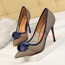 Women's Stiletto High Heels Flower Mesh Pointed Toe Slip on Pumps Dress Shoes
