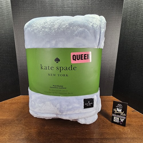 New KATE SPADE Queen Size 98" x 92" Light Blue with Badge Logo Plush Blanket