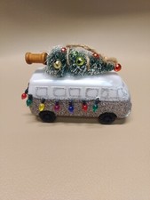 4.5" long silver  white Volkswagen VW Bus Christmas ornament with tree A3