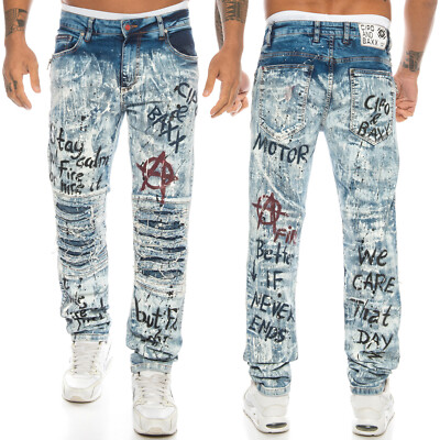 Cipo & Baxx Jeans Herren Slim Fit Hose 498 Blau Punk Destroyed Graffiti Paint
