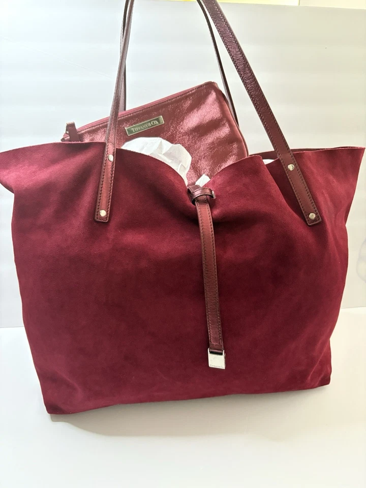 Tiffany & Co. Reversible Metallic Leather/ Suede Tote Bag Burgundy Pouch Italy - Image 3 of 4