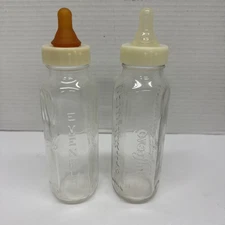2 Vintage Evenflo Glass Baby Bottle Lid Brown Nipple 8 Ounce Infant Feeding
