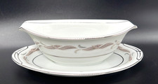 Vtg Noritake Gaylord Gravy Boat Attached Underplate 5526 Silver Leaves Japan