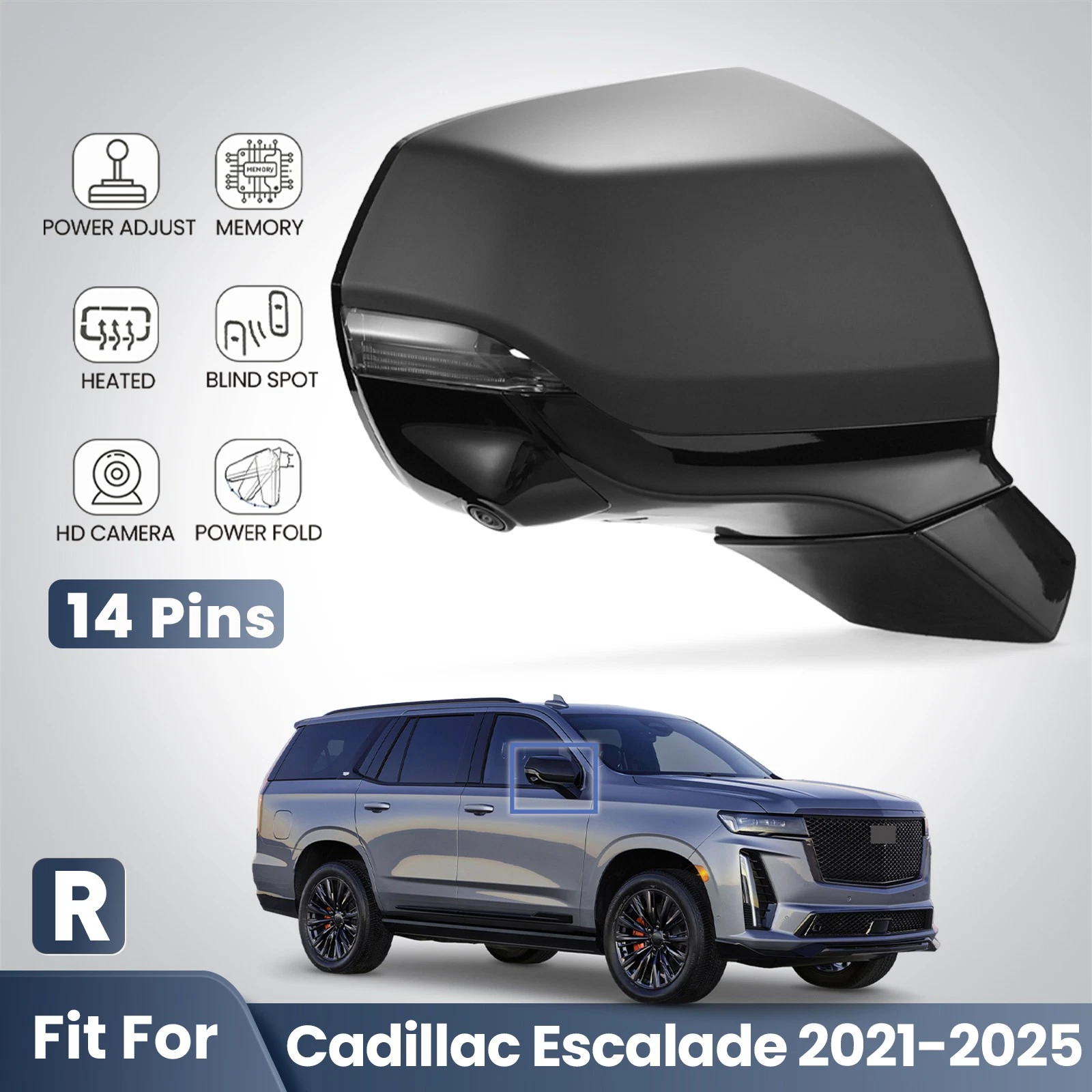 Side Mirror For 2021-2024 Cadillac Escalade W/ BSD W/ Camera Heated Right 14 Pin