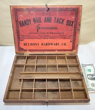 c1900 Belmont Hardware Wood Box Hammer, Nails & Tacks Country Store Advertising