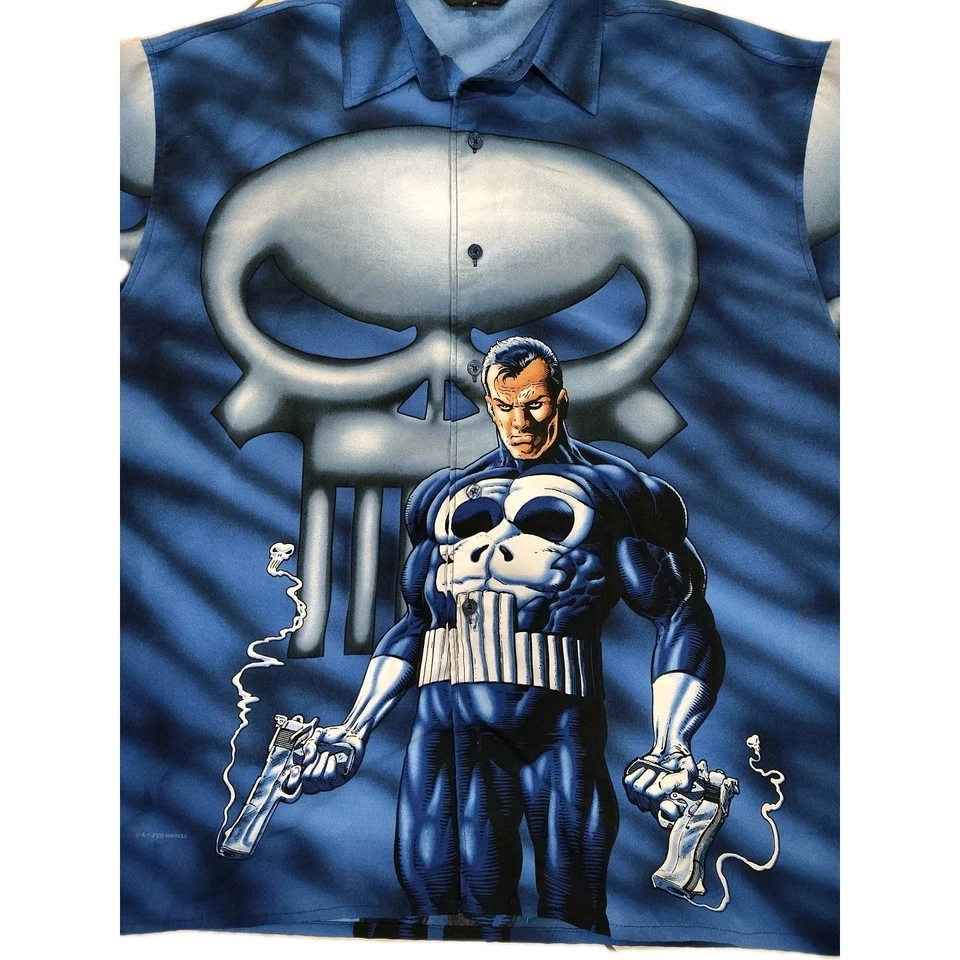 2001 Marvel Vintage Changes Punisher All Over Print Button Down Shirt Sz L Y2K - Image 2 of 4