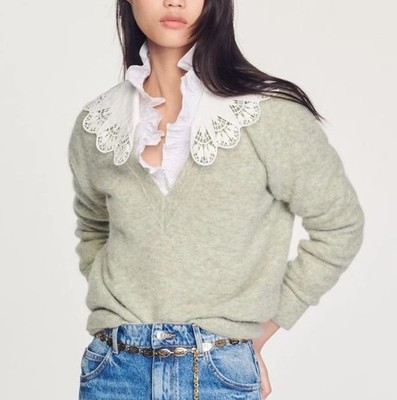 Sandro Lena Relaxed Fit Dusty Green Jumper With Lace Collar Size XS EU 34 UK 6