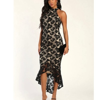 Lulus All the Charm Black Lace Sleeveless Hi Low Halter Mermaid Dress Size XL