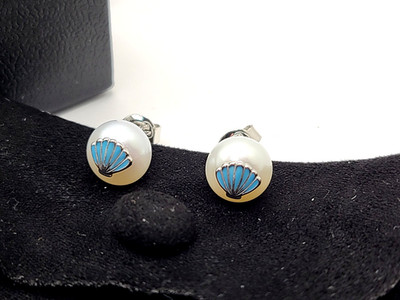 Ross Simons 8.5-9mm Cultured Pearl and Blue Enamel Seashell Earrings in Sterling