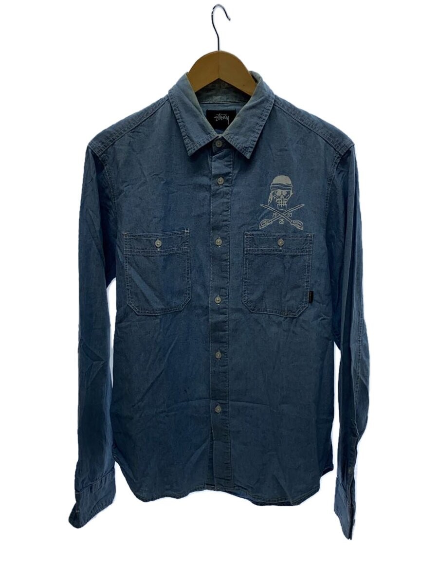 STUSSY Chambray Shirt with Skull Print, Long Sleeve, Medium, Cotton, IDG, Solid 