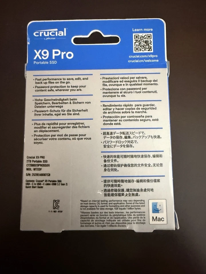 CRUCIAL X9 PRO FOR MAC 2TB PORTABLE SSD MTXDF CT2000X9PROMACSSD9B NEW, SEALED - Image 2 of 3