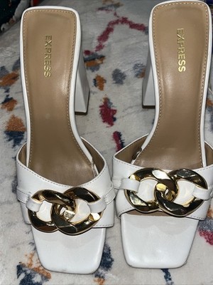 Express White Sandals with Gold Link Details Block Heels Stylish Size 8