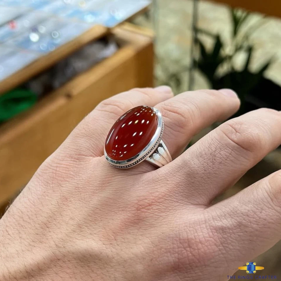 Handmade Red Yemeni Agate 925 Sterling Silver Vintage Aqeeq Ring For Men Size 9 - Image 3 of 3