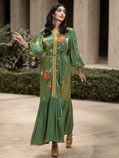 Women Evening Jalabiya Green Embroidery Abaya Kaftan Long Robe Dress Dubai Gown