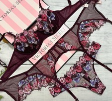 Victoria's Secret Dream Angels Demi Bra Thong Garter 3 pcs Set Floral Kir