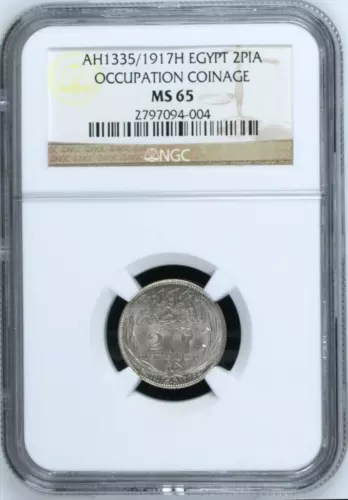 EGYPT , 2 PIASTRES HUSSEIN KAMIL 1917H NGC MS 65 (AL) , RARE