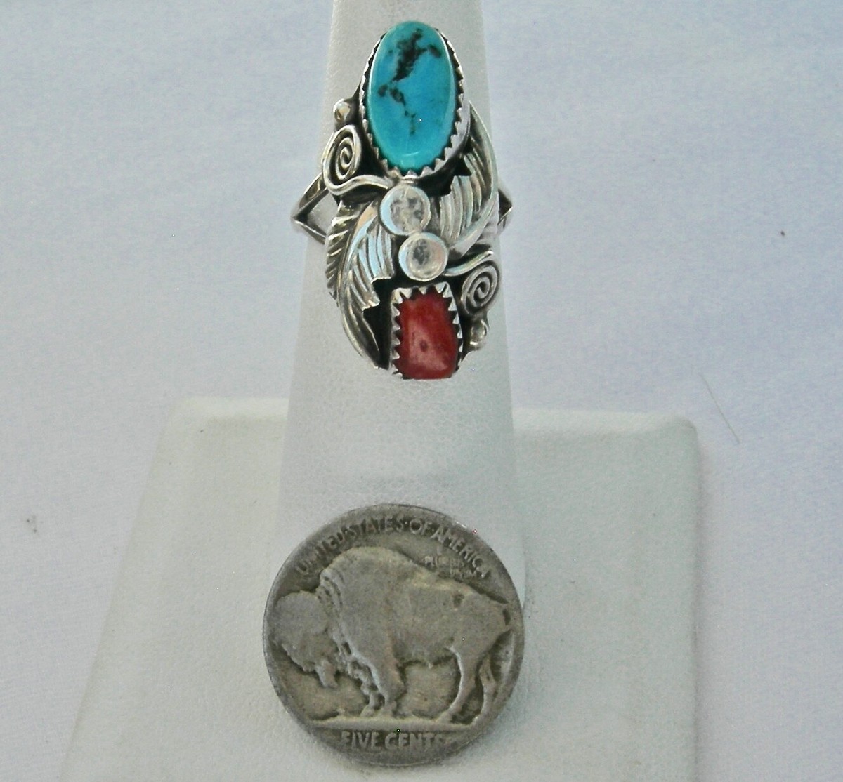 アクセサリー Vintage R. H. Begay Indian Ring vin NAVAJO RICHARD BEGAY STERLING W AZ TURQUOISE & CORAL
