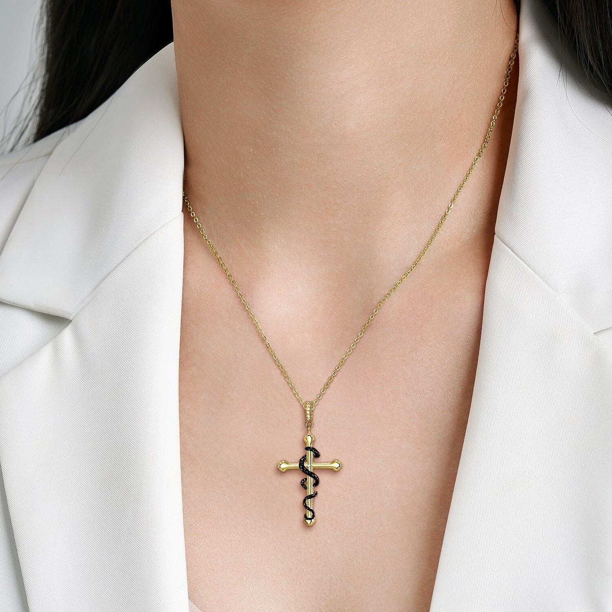 Shiny Gold Plated Sterling Silver Cross with Black Snake Pendant 