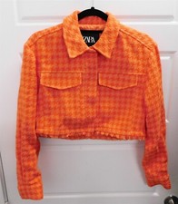 Zara Orange Houndstooth Check Fringe Accent Short Blazer Jacket sz XS