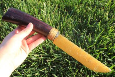 Flint Knapped 11-5/8'' Yellow Fiber Optic Glass Knife Blade on Hardwood Handle