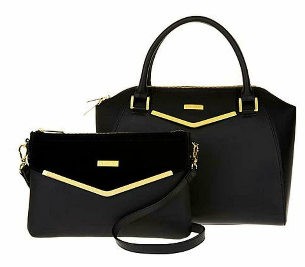 JOY & IMAN Couture Leather Satchel & Clutch with Velvet Detail Black