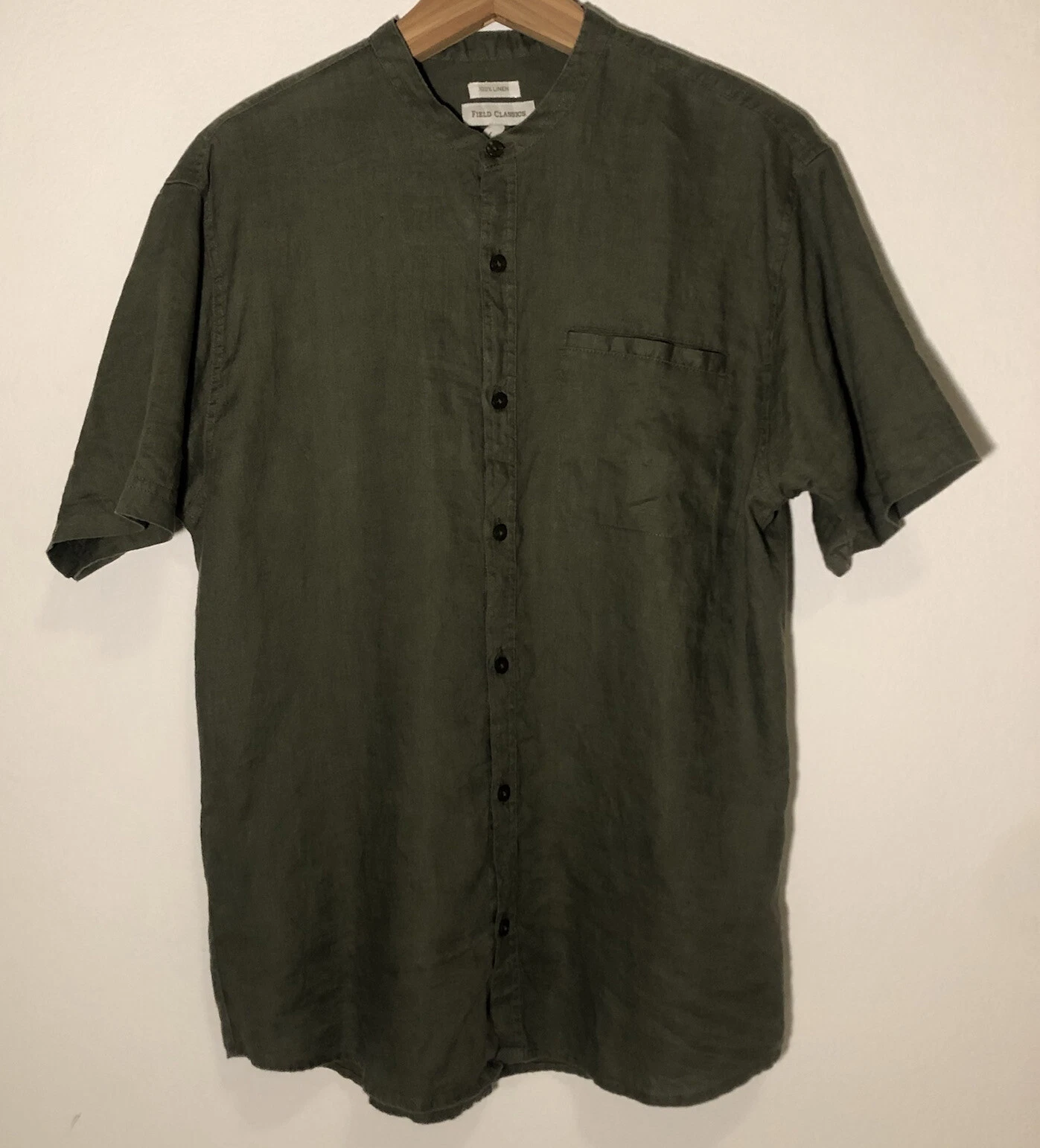 Field Classics Short Sleeve 100% Linen Button Up Shirt Mens Large Green