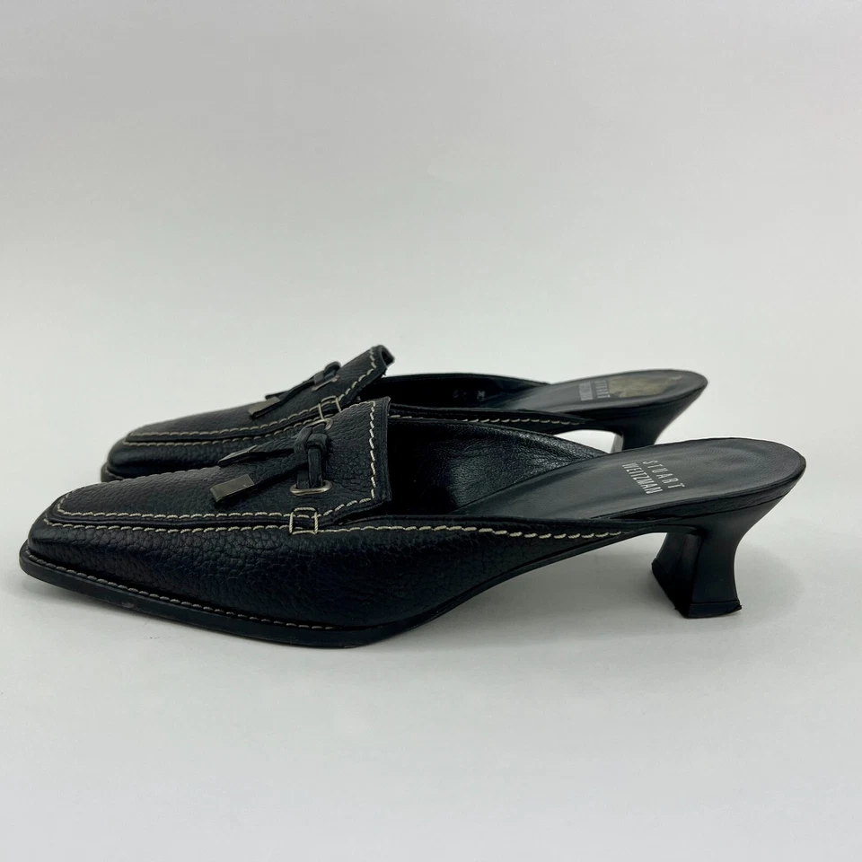 VTG Spain STUART WEITZMAN Black Full Grain Toe Kitten Heel Mules Pumps SZ 6.5