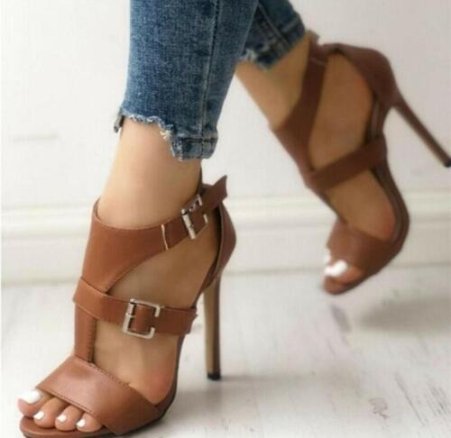 Damen Sexy Stiletto High Heels Knöchelriemen Schnalle Peeptoe Sandalen Schuhe