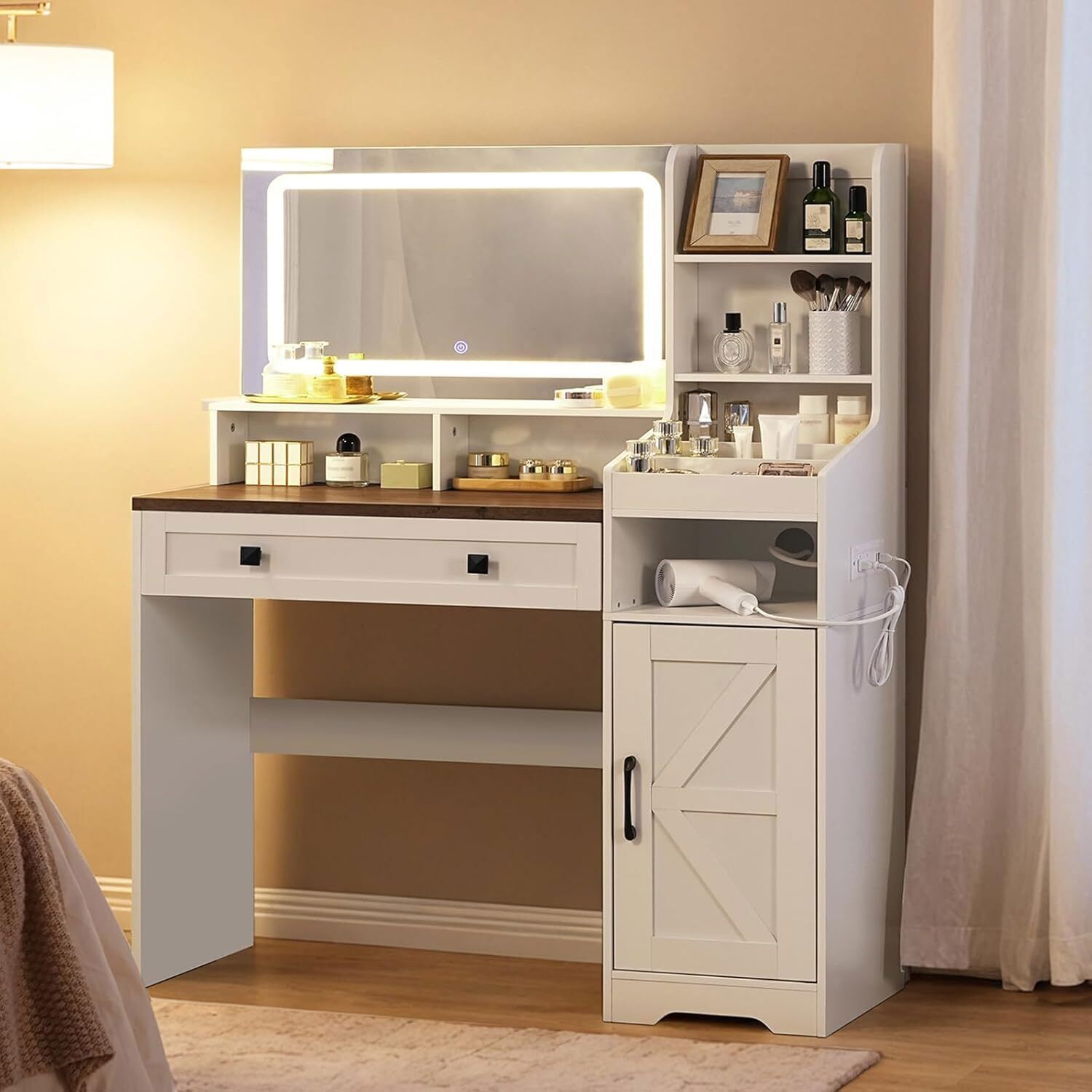 HOOBRO Makeup Vanity Desk with Mirror and Lights Farmhouse Vanity Makeup Desk