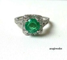 Halo Engagement Jewelry Ring 1.95CT Round Cut Real Emerald 14K White Gold Finish