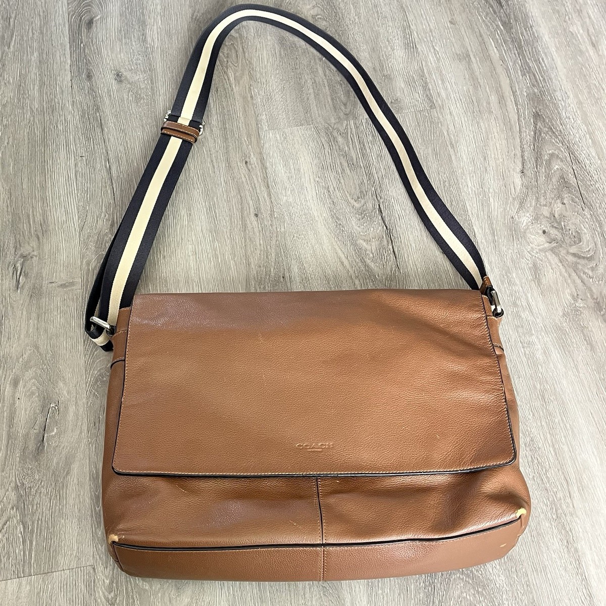 Coach Leather Charles Messenger Bag Brown Navy Striped Strap