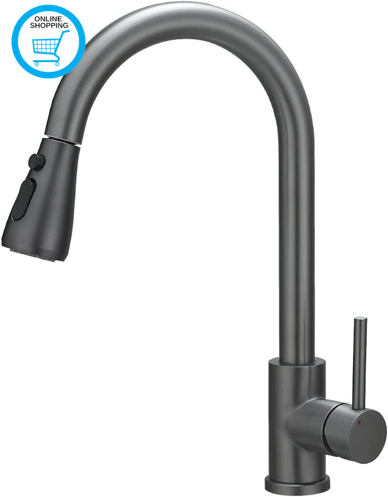 Kitchen Sink Mixer Tap with Pull down Sprayer Grey, Single Handle High Arc Pull