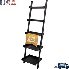 5 Tier Wall Mounted Ladder Shelf Storage Organizer Display MDF Home Decor Black