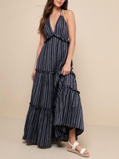 Lulus Vacay Babe Backless Halter Maxi Dress Womens XXS Navy Blue Striped Lined