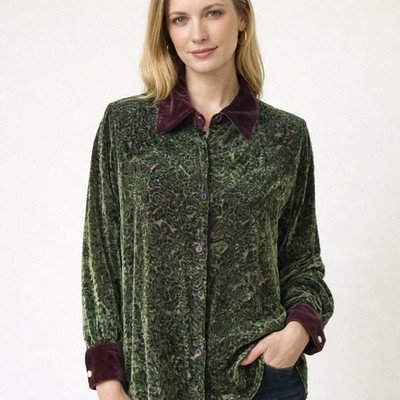 Carol Horn Winter Green Brown Burnout Velvet Sheer Whimsy Poet Tunic Shirt Top L