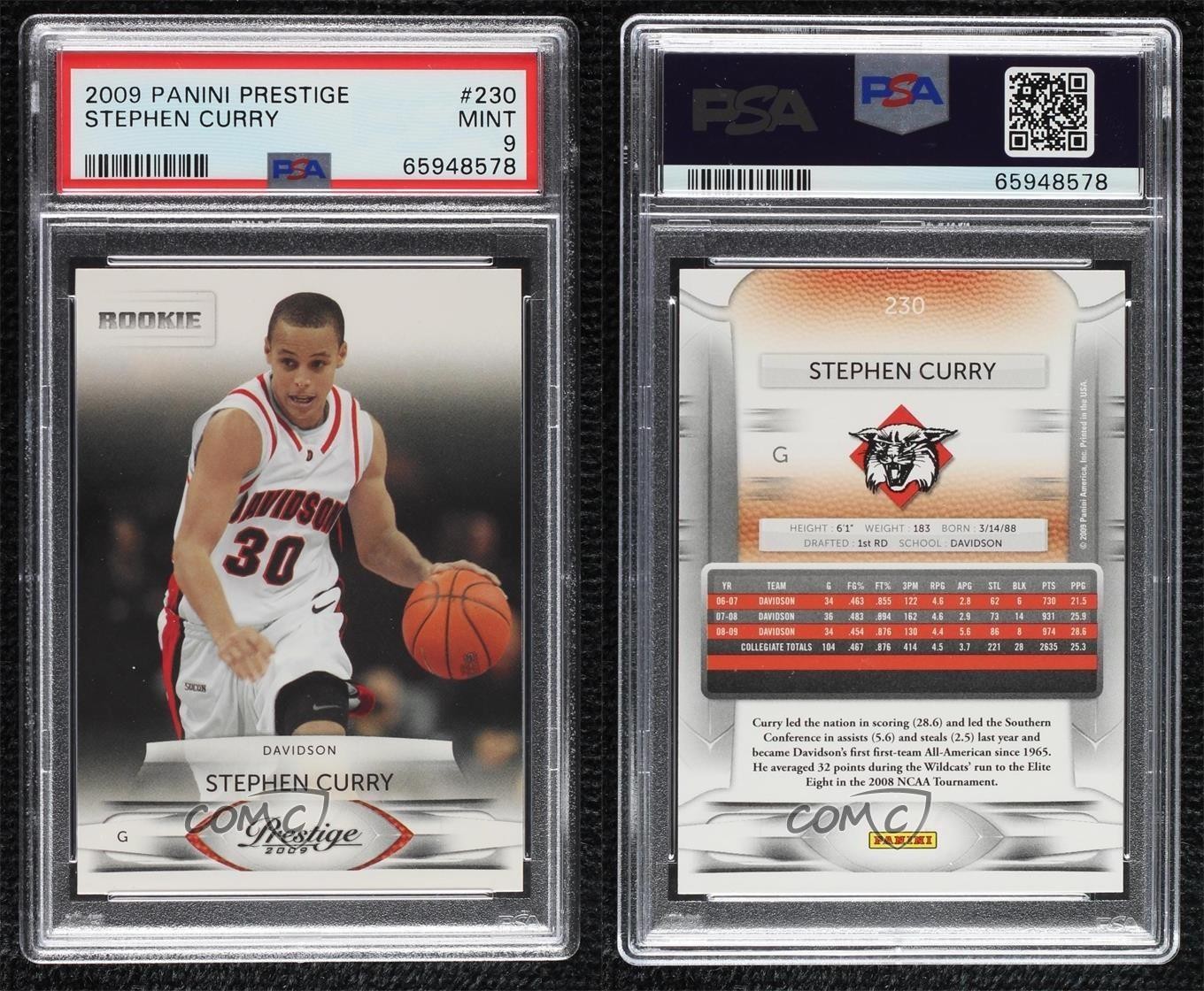 2009-10 Panini Prestige Rookie Stephen Curry #230 PSA 9 MINT Rookie RC view 3