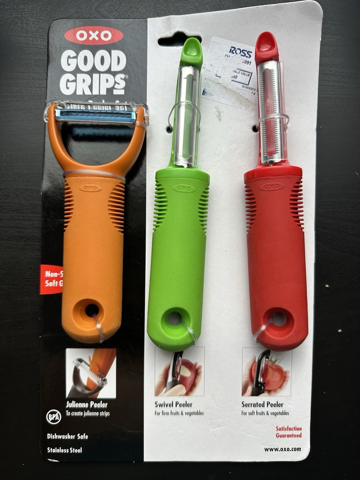 OXO Good Grips *NEW* All 3 Peeler set Stainless Steel Swivel Serrated Julienne