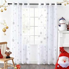 Snowflake Christmas Voile Sheer Curtains, Luxury Silver Foil Print, Metallic ...