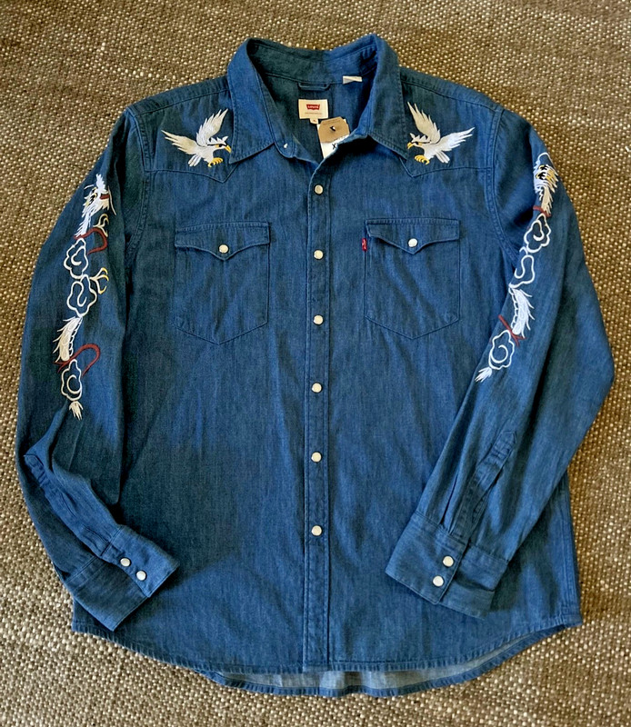 Levi's Men's Barstow Embroidered White Eagle Blue Denim Western Shirt - Size XL