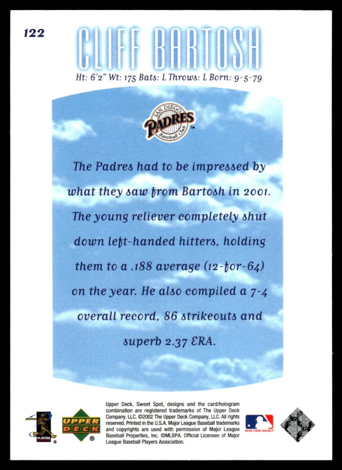 2002 Upper Deck Sweet Spot #122 Cliff Bartosh RC /1300 - Image 2 of 2